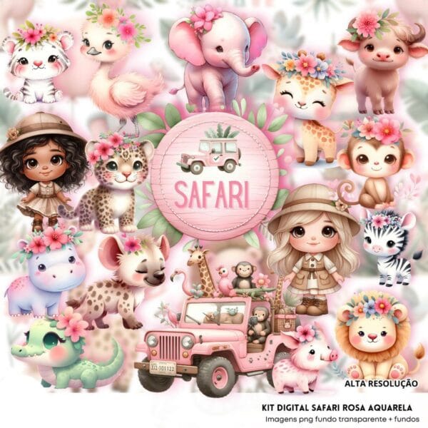 Kit Digital Safari Rosa Aquarela Baby Png Ilustrações 3D