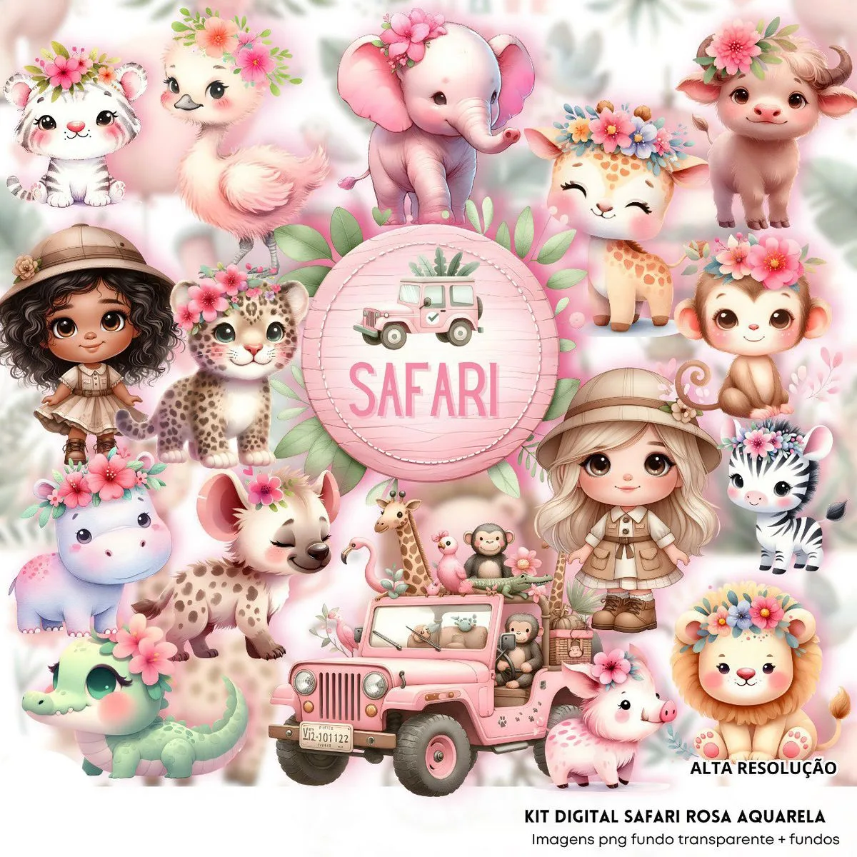 Kit Digital Safari Rosa Aquarela Baby Png Ilustrações 3D 1 Kit Digital Safari Rosa Aquarela Baby Png Ilustrações 3D