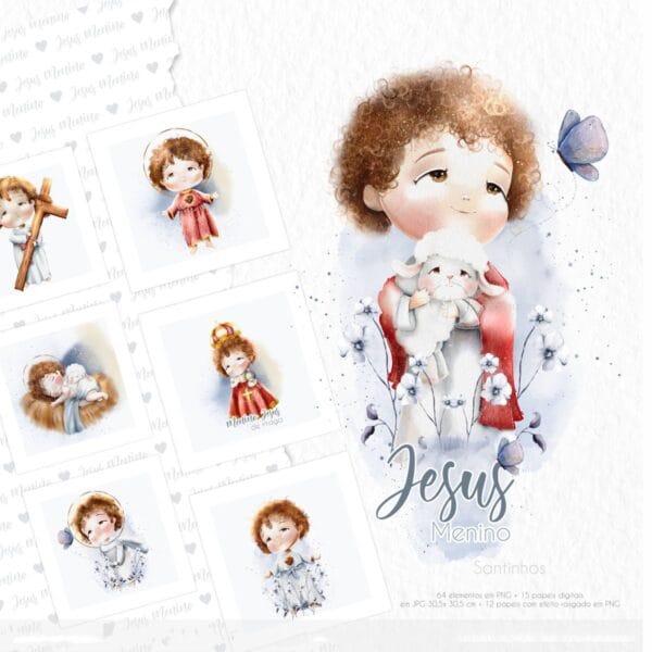 Kit Digital Santinhos Jesus Menino Ilustrações Aquareladas