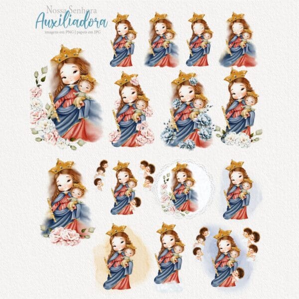 Kit Digital Santinhos Nossa Senhora Auxiliadora Png Aquarela