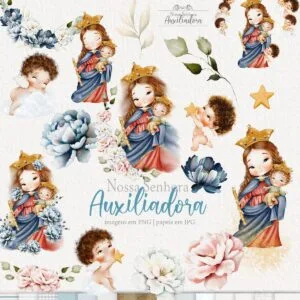 Kit Digital Santinhos Nossa Senhora Auxiliadora Png Aquarela