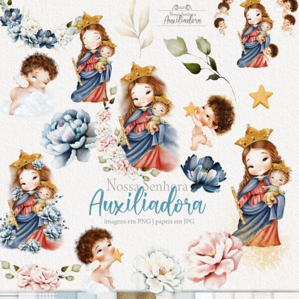 Kit Digital Santinhos Nossa Senhora Auxiliadora Png Aquarela