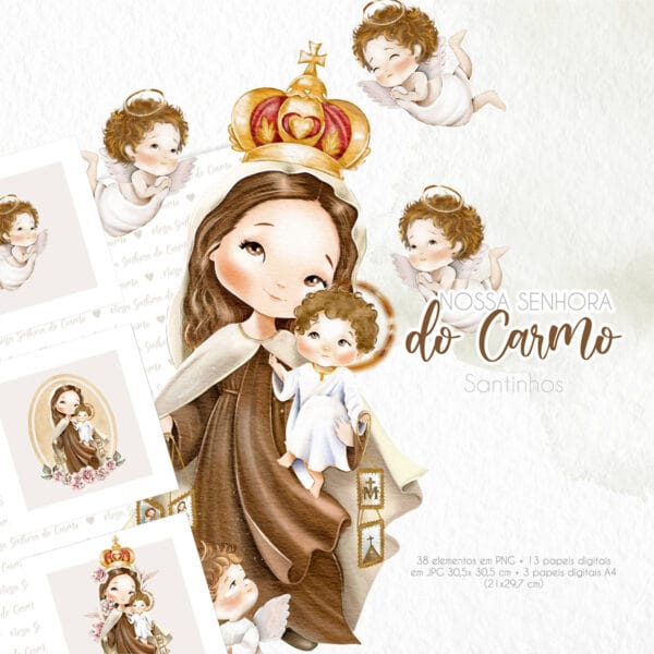 Kit Digital Santinhos Nossa Senhora do Carmo Em Aquarela