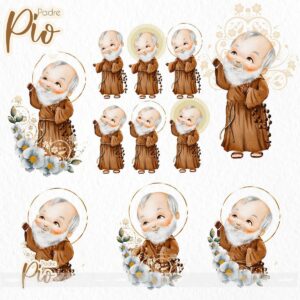 Kit Digital Santinhos Padre Pio Ilustrações Aquareladas PNG