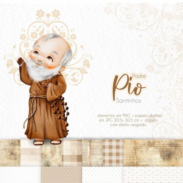 Kit Digital Santinhos Padre Pio Ilustrações Aquareladas PNG