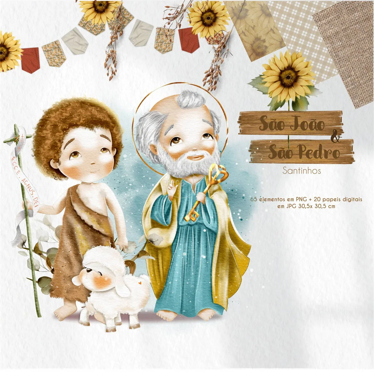 Kit Digital Santinhos São João e São Pedro Aquarela Católico