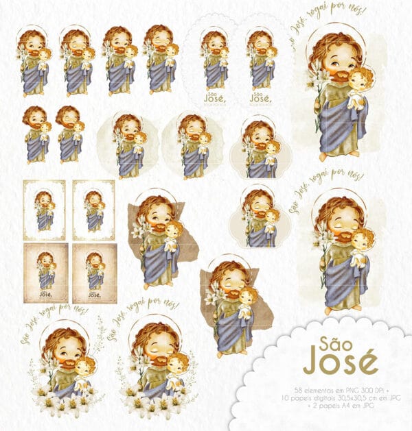 Kit Digital Santinhos São José Imagens Aquareladas Png