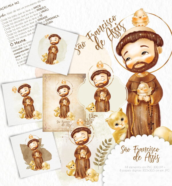 Kit Digital São Francisco de Assis Aquarelado Personalizados