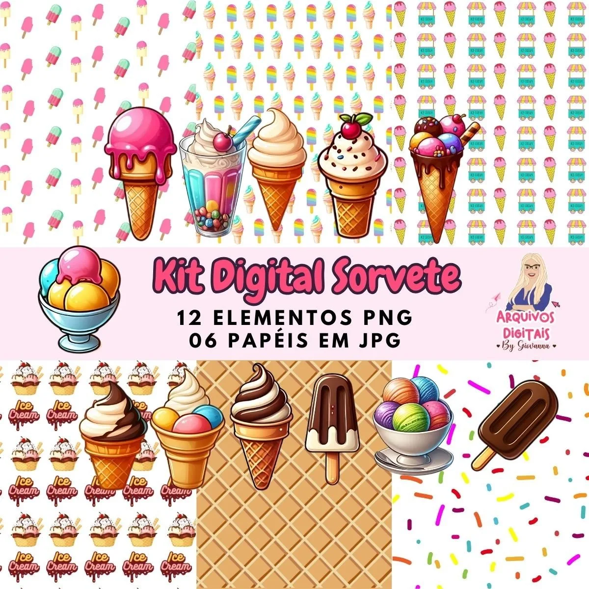 Ilustração de sorvetes coloridos, casquinhas e picolés dispostos como papéis digitais.