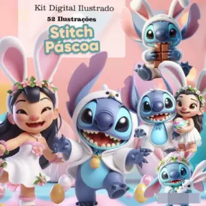 Kit Digital Stitch Pascoa 3D PNG para Sublimacao
