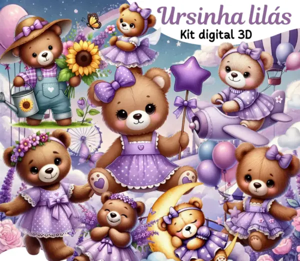 Kit Digital Ursinha Lilas Png Arquivos Para Scrapbooking 2