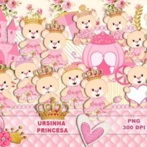 Kit Digital Ursinha Princesa Rosa Fofa Personalizados Em Png 3