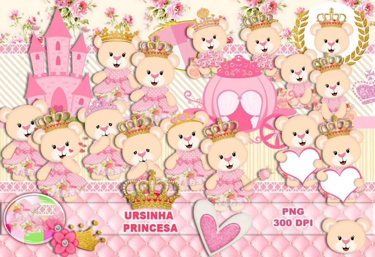 Kit Digital Ursinha Princesa Rosa Fofa Personalizados Em Png 3