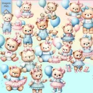 Kit Digital Ursinhas Azul E Rosa Png Para Personalizados