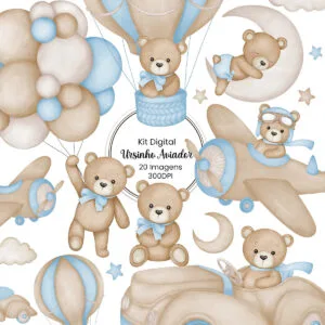 Kit Digital Ursinho Aviador Azul Menino Scrapbook Cliparts