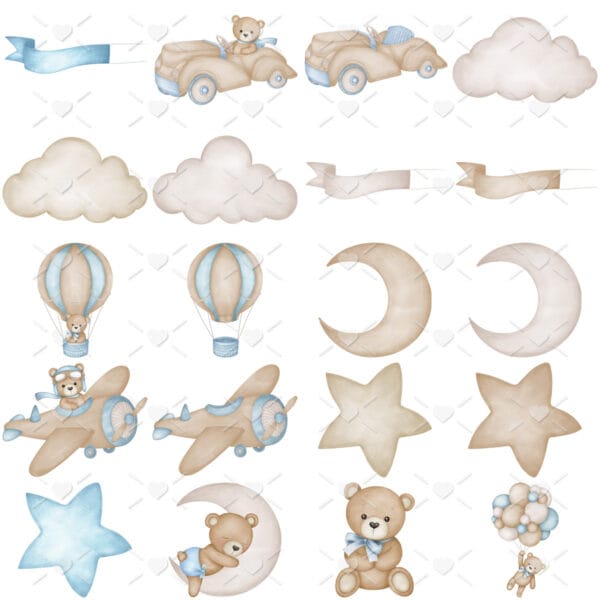 Kit Digital Ursinho Aviador Azul Menino Scrapbook Cliparts