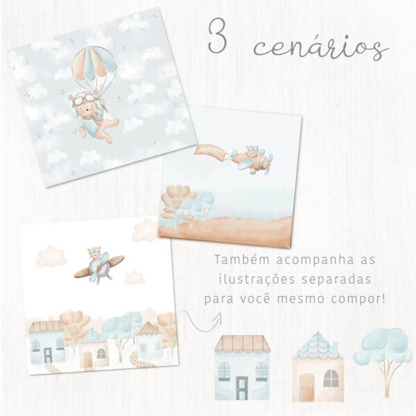 Kit Digital Ursinho Aviador Em Aquarela Coleção O Tempo Voa