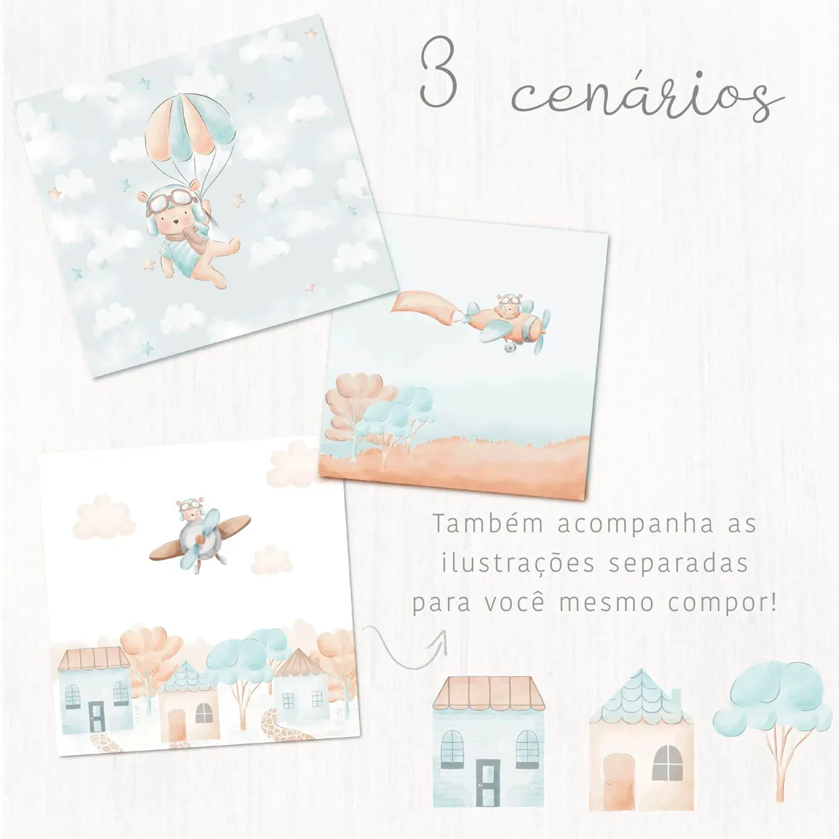 Kit Digital Ursinho Aviador Em Aquarela Coleção O Tempo Voa