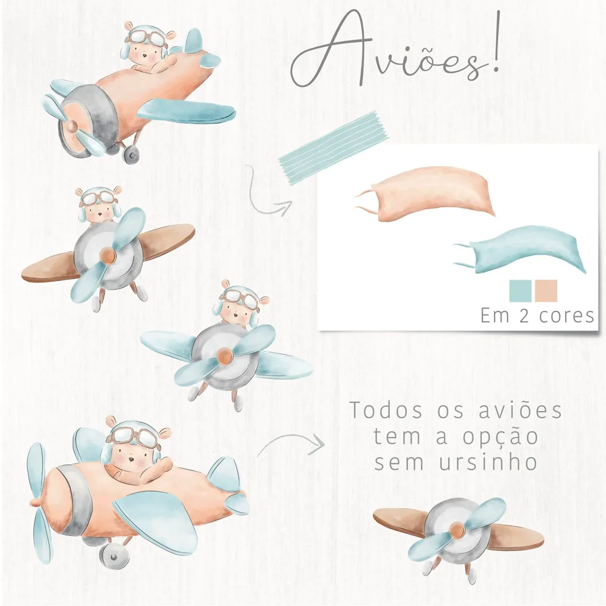 Kit Digital Ursinho Aviador Em Aquarela Coleção O Tempo Voa