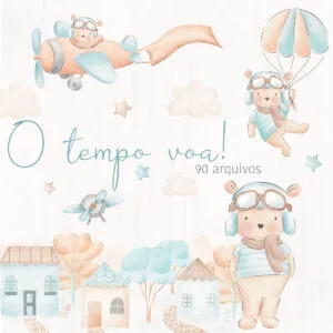 Kit Digital Ursinho Aviador Em Aquarela Coleção O Tempo Voa