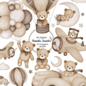 Kit Digital Ursinho Aviador Marrom Scrapbook Cliparts Cute