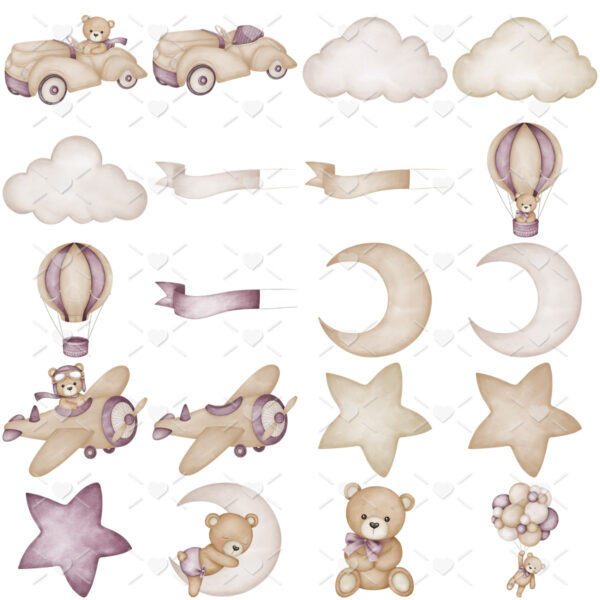 Kit Digital Ursinho Aviador Roxo Menino Scrapbook Cliparts
