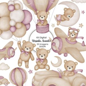 Kit Digital Ursinho Aviador Roxo Menino Scrapbook Cliparts