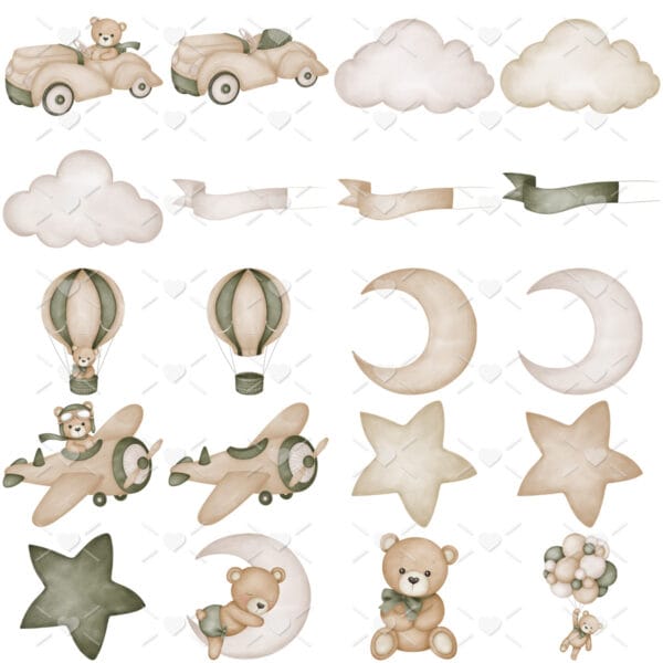 Kit Digital Ursinho Aviador Verde Menino Scrapbook Cliparts