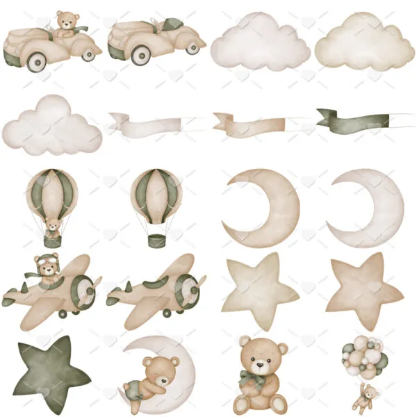 Kit Digital Ursinho Aviador Verde Menino Scrapbook Cliparts