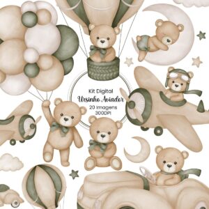 Kit Digital Ursinho Aviador Verde Menino Scrapbook Cliparts