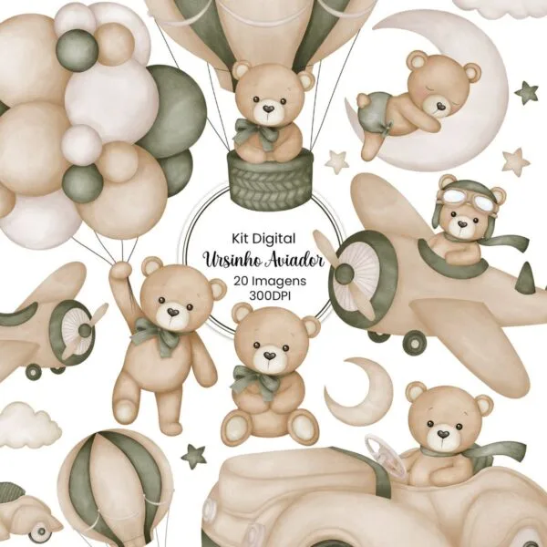 Kit Digital Ursinho Aviador Verde Menino Scrapbook Cliparts