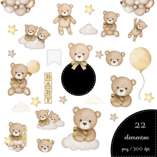 Kit Digital Ursinho Bege com Dourado Png
