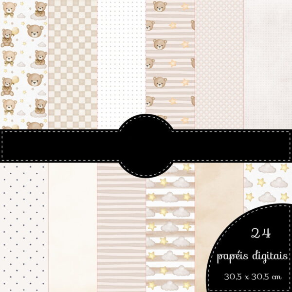 Kit Digital Ursinho Bege com Dourado Png