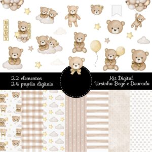 Kit Digital Ursinho Bege com Dourado Png