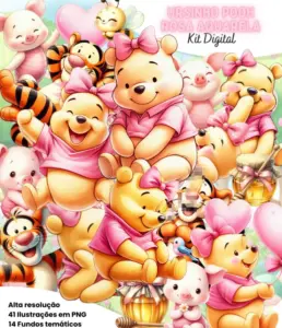 Kit Digital Ursinho Pooh Rosa Em Aquarela Png