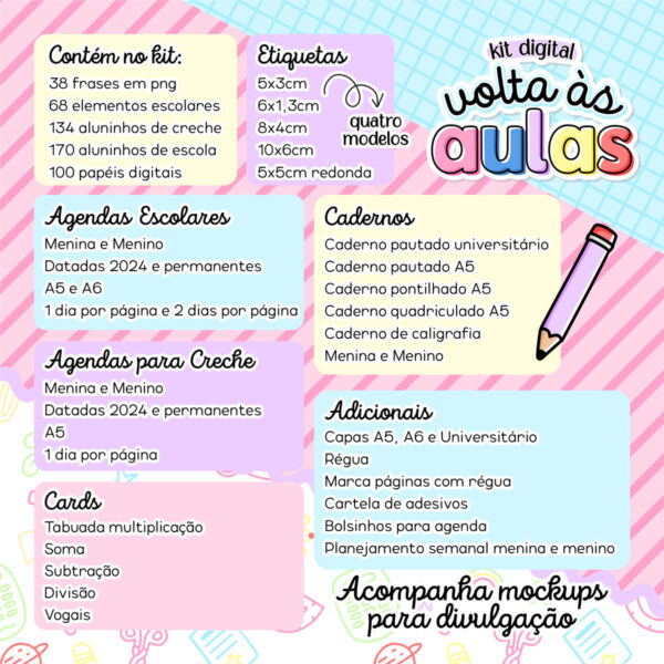 Kit Digital Volta às Aulas 2024 Completo Encadernação e Png