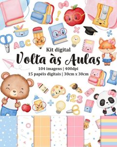 Kit Digital Volta Às Aulas Aquarelado Bichinhos Fofos Png