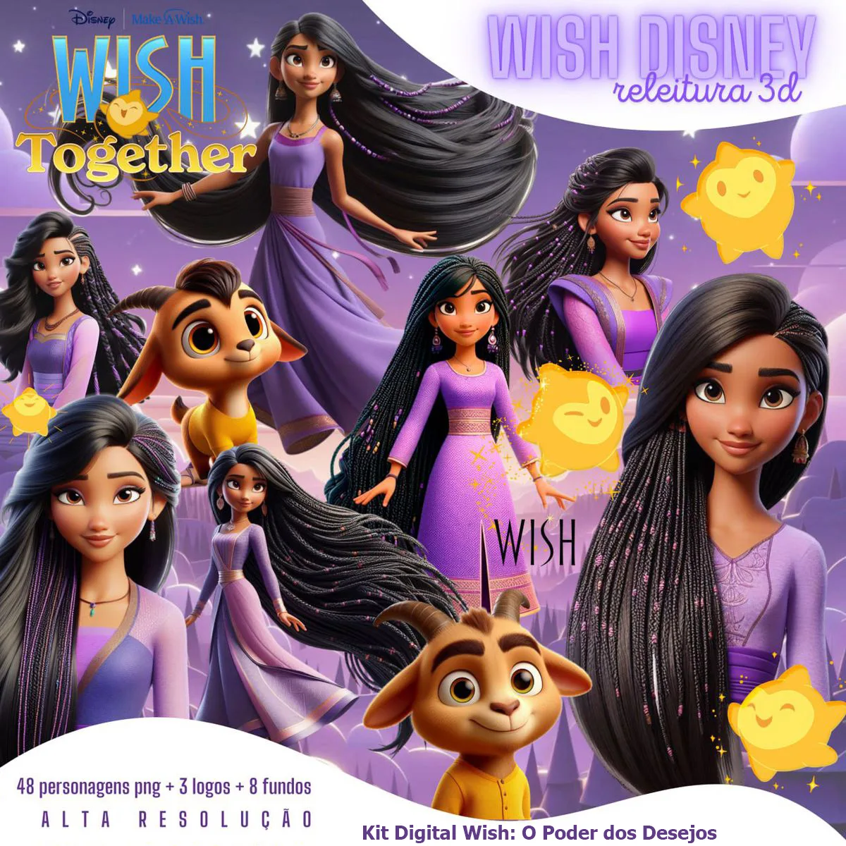 Kit Digital Wish Disney Releitura 3D Imagens Ilustrações Png 1 Várias personagens femininas de cabelos longos, vestidos lilás, animal amarelo e estrelas.