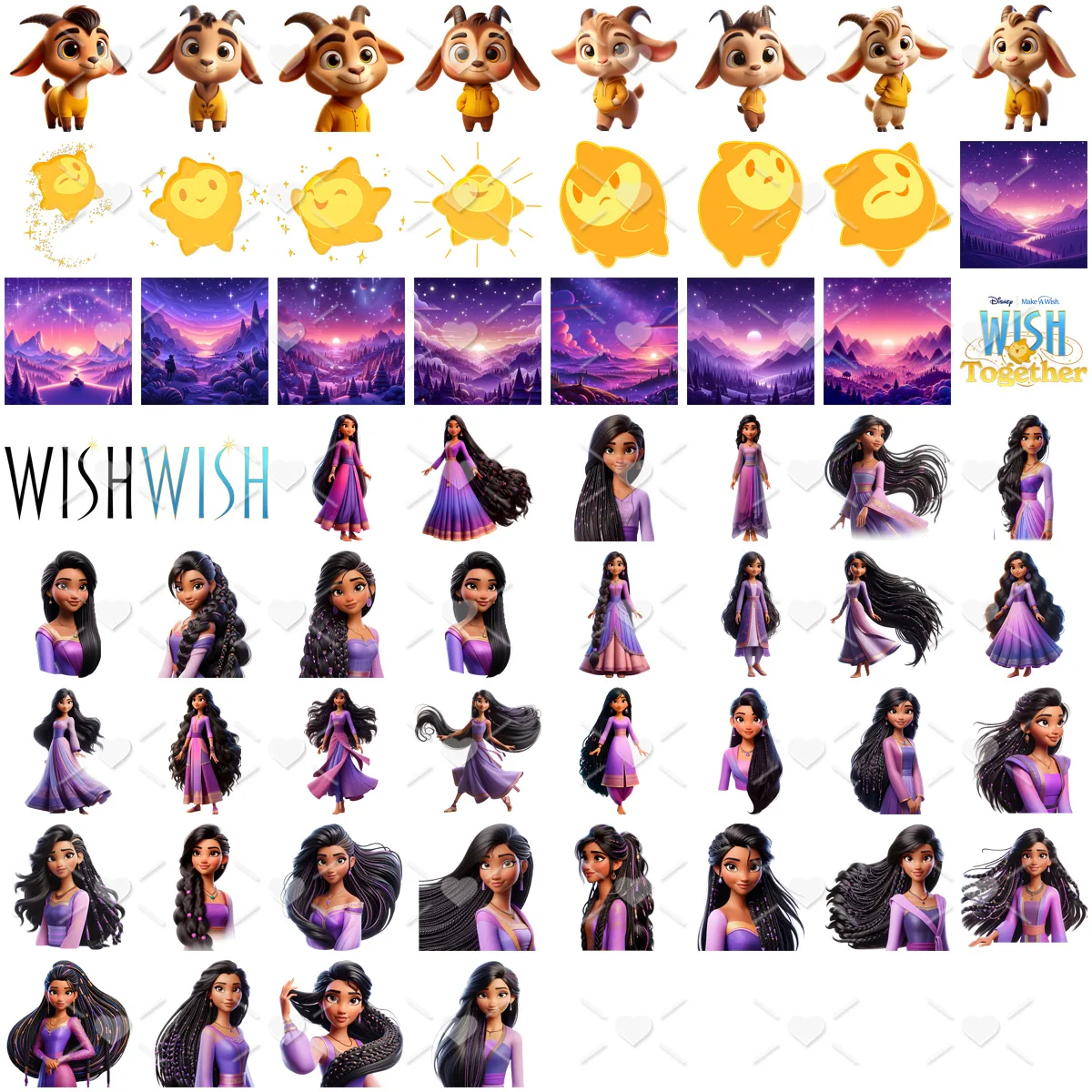 Kit Digital Wish Disney Releitura 3D Imagens Ilustrações Png 2 Colagem digital com cabra, estrela, paisagens noturnas e personagem feminina de vestido roxo