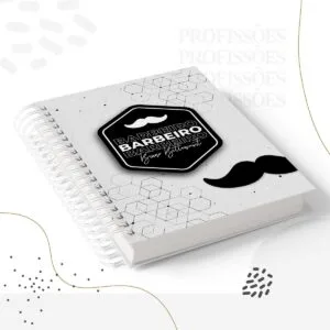 Kit Encadernação Barbeiro Masculino 5 Caderno com capa temática de barbearia com estampa geométrica e bigode preto