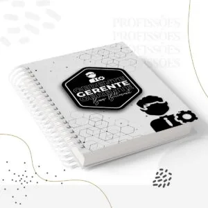 Kit Encadernação Gerente Masculino -Arquivo Digital 6 Caderno espiral branco com estampa geométrica e emblema temático sobre profissão de gerente.