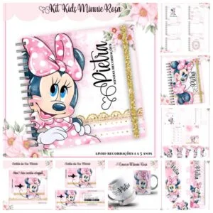 Kit Encadernação Infantil Minnie Rosa 25 Painel de kit digital com personagem de laço rosa e flores