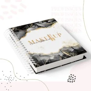 Kit Encadernação Makeup Feminino 18 Caderno espiral com capa personalizada em tons de preto e dourado marmorizado.
