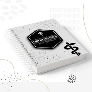 Caderno espiral branco com estampa de hexágonos e símbolo de odontologia sobre fundo claro.