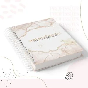 Caderno espiral com capa decorada em tons de mármore branco e dourado brilhante.