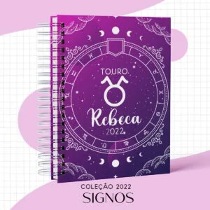 Kit Encadernação Signos 9 Caderno espiral roxo com temática de signos astrológicos e design decorativo celestial.