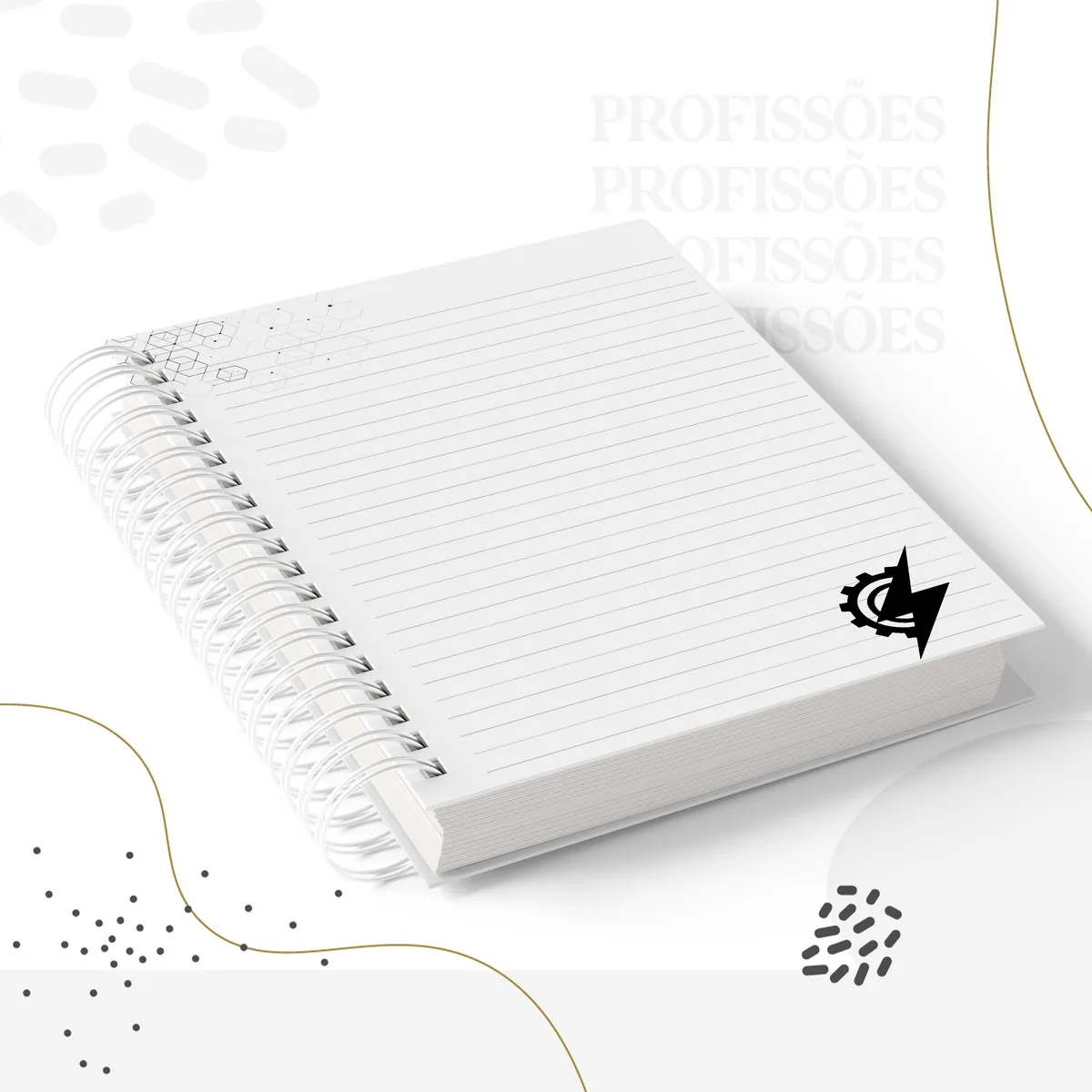 Caderno de espiral com pautas e ícone de engrenagem e raio