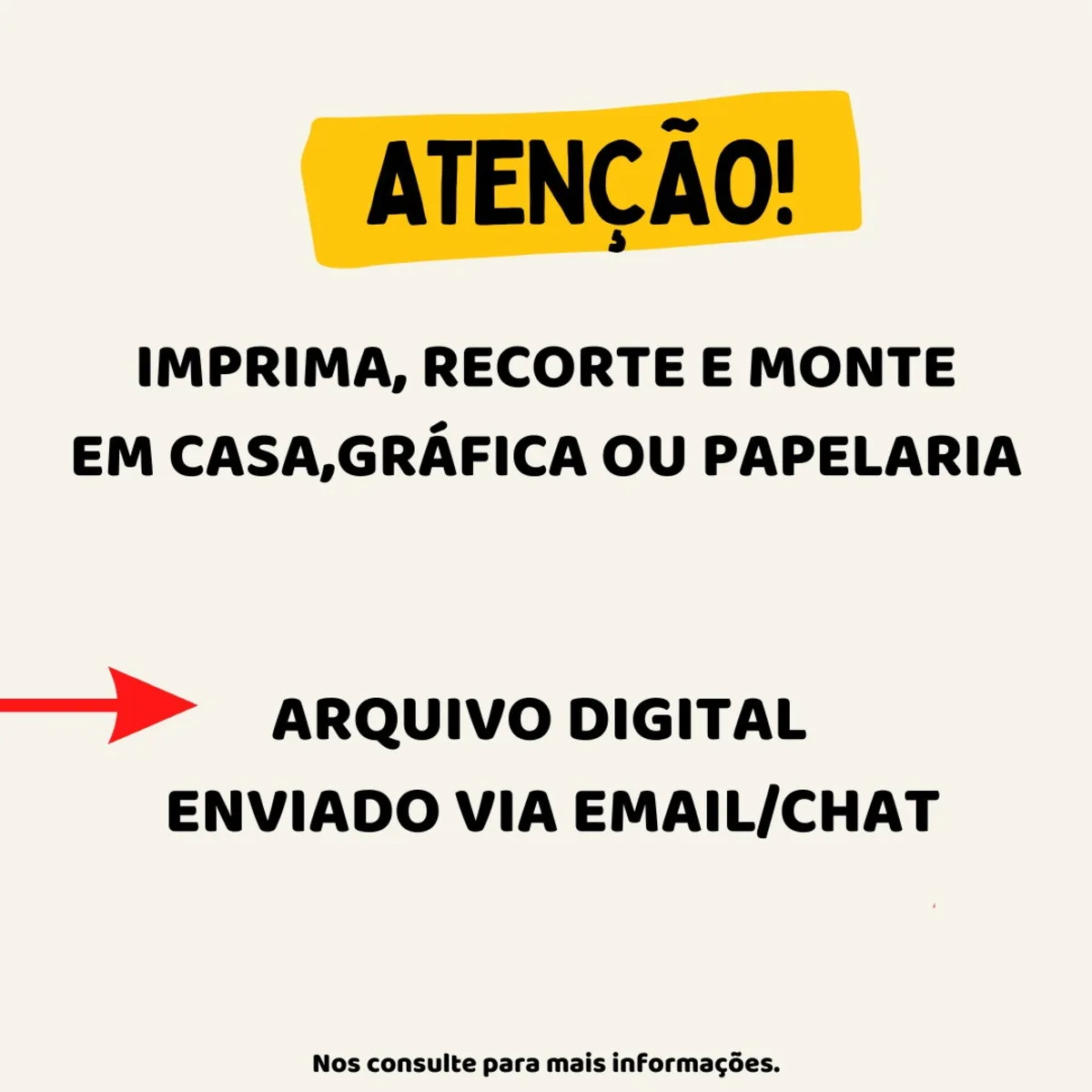 Arte digital com aviso sobre impressão e arquivo enviado por email ou chat.