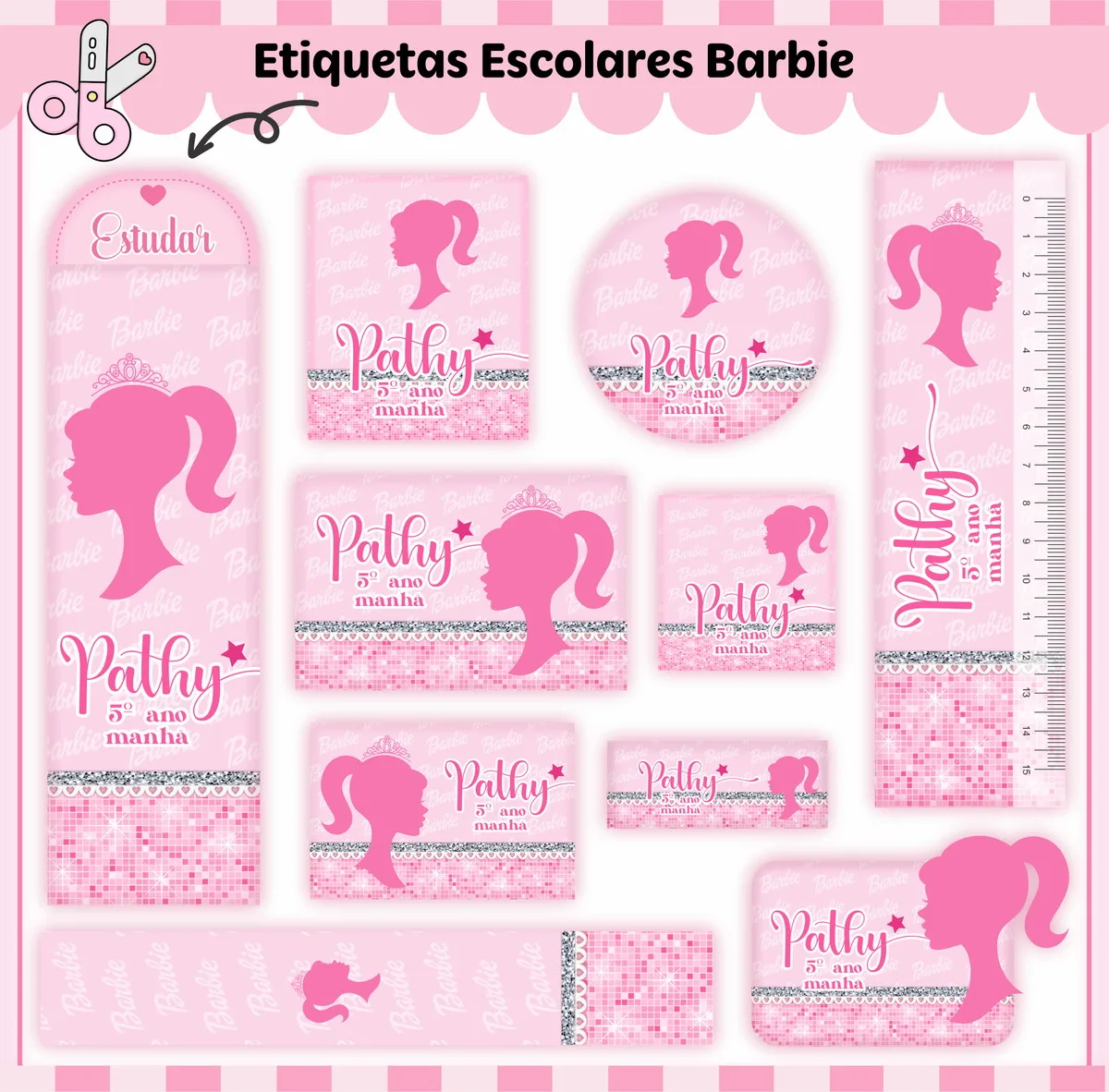 Conjunto de etiquetas escolares cor-de-rosa com silhueta de perfil feminino e textos personalizados.