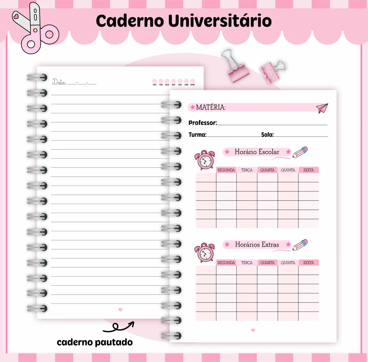Páginas de caderno universitário pautado com ilustrações fofas em tons de rosa